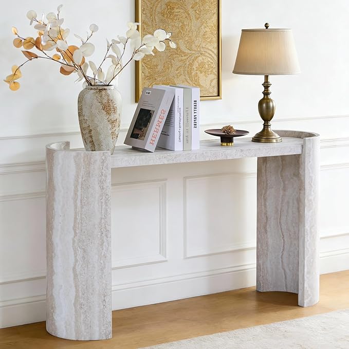 53" Console Table for Entryway, Narrow Sofa Entrance Table with Faux Mars Marble Pattern, Modern Sofa Tables with Round Raised Edge Design for Living Room, Hallway, Foyer, Home Office, Beige