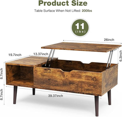 OLIXIS Wooden Coffee Table, Lift Top Coffee Table with Large Hidden Compartment and Ample Storage Shelf, Lift Tabletop Dining Table for Living Room, Home Small Space, Rustic