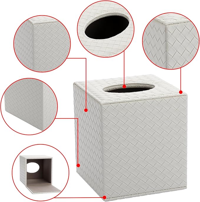 Sumnacon Tissue Box Cover Square Tissue Box Stylish PU Woven Lozenge Pattern Tissue Box Holder with Magnetic Bottom,Cube Leather Tissue Cover for Living Room Bathroom Table Desk Home Office Car,White