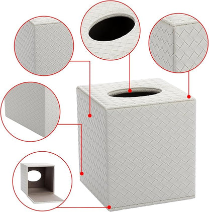 Sumnacon Tissue Box Cover Square Tissue Box Stylish PU Woven Lozenge Pattern Tissue Box Holder with Magnetic Bottom,Cube Leather Tissue Cover for Living Room Bathroom Table Desk Home Office Car,White