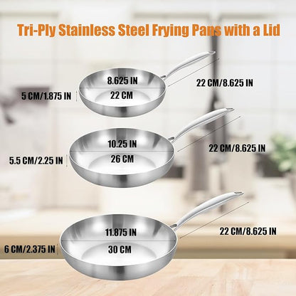 Inqibee 8.5-10-12 Inch Tri-Ply Stainless Steel Frying Pan Set with a Lid,Skillets,Induction Cooking Pans,Pots and Pans Set,Dishwasher and Oven Safe,Detachable Handle.