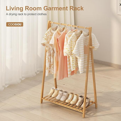 Small Clothes Hanging Racks,Bamboo Wood Kids Clothing Garment Racks for Cloths,Free Standing Dress Costume Rack for Bedroom,Living Room, Commercial,Small Space