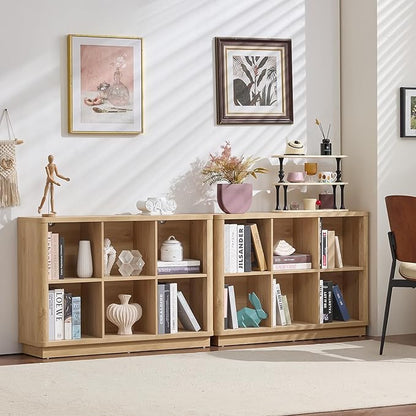 6 Cube Storage Book Shelf, 40" Wide Low Horizontal Bookcase with Curved Edge, Floor Standing 2-Tier Wooden Bookshelf with Base, Modern Short Book Case for Bedroom, Study, Entryway, Natural Oak