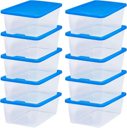 HOMZ 10-Pack Snaplock, Small Clear Plastic Storage Organizer Bins w/Lids, 6 Quart, Blue - Stackable Container Boxes for Bedroom, Bathroom, Garage, and Office Organization