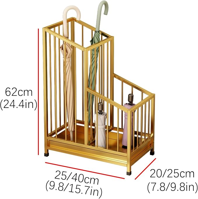 Indoor Metal Umbrella Stand，Umbrella Storage，Tall Metal Standing Umbrella Holder，Umbrella Holder for entryway，for Hotel，Offices，Home，Commercial(Gold,25 * 20 * 62cm/10 * 8 * 24.4in)