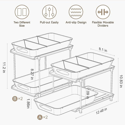 Sevenblue Under Sink Organizer, Bathroom Organizers and Storage, 2 Tier Multi-Use Pull Out Cabinet Organizer with Hang Hooks and Cups (transparent, 4 Pack)