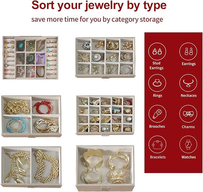 BOOVO Jewelry Box For women, 6 Layer Large Jewelry Organizer With Mirror, Multi-Function Storage Box With Lock, Accessory Holder With 5 Drawers, For Earrings Necklace Ring Bracelet (Pale gold)