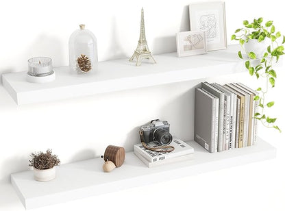 Acovy 36 Inch Floating Shelves, 8 Inch Deep Floating Shelves for Wall, Hanging Shelf with Invisible Brackets, Deep Shelves for Bathroom, Bedroom, Living Room, White, Set of 2