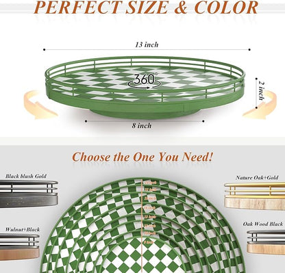 Premium Rubber Wood Lazy Susan Turntable, Green White Checkerboard Decorative Serving Tray, Hand-Welded Metal Railing, Stable Rotating Organizer for Dining Table, Kitchen Counter, Coffee Table Decor