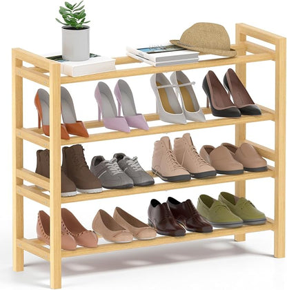 Haddockway Bamboo Shoe Rack for Closet, Free Standing Shoe Organizer with Smooth Round Rods & Convenient Handles, Stackable Shoe Storage Shelf for Entryway, Hallway(Natural, 4-Tier)