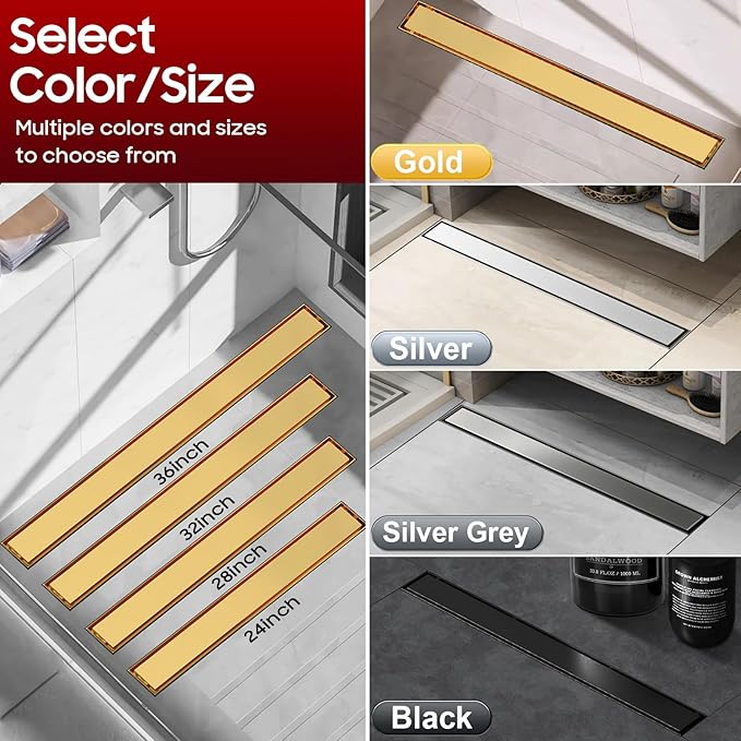 DLONE Linear Shower Drain | 28" AISI 304 Stainless Steel Linear Drain, Brushed Glod Shower Drain with Tile Insert Panel & Adjustable Feet, Long Rectangle Shower Floor Drain in Bathroom, Balcony, etc