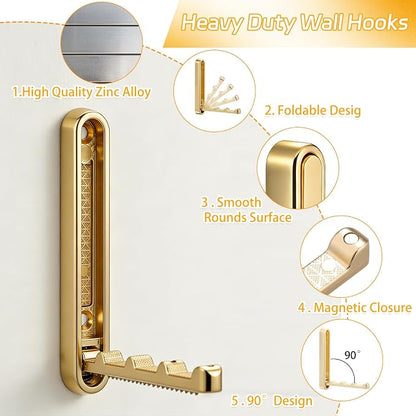 Dntorx 2 Pcs Extended Folding Coat Hooks Wall Mounted, 4.33 in Gold Foldable Wall Hooks Heavy Duty Valet RV Hooks Bathroom Towel Hooks Robe Hooks for Hanging Towels Clothes Coat Hat Bags