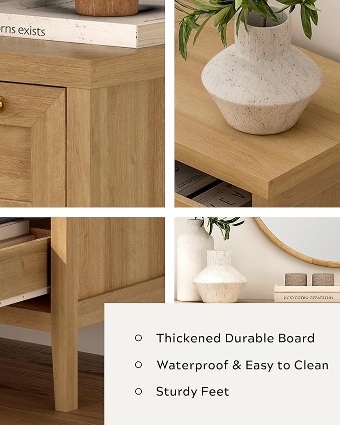 Dresser for Bedroom with 3 Drawers, Modern Closet Storage Organizer with Golden Handles, Wood Nightstand End Table for Living Room, Bedroom, Entryway, Hallway, Natural Oak