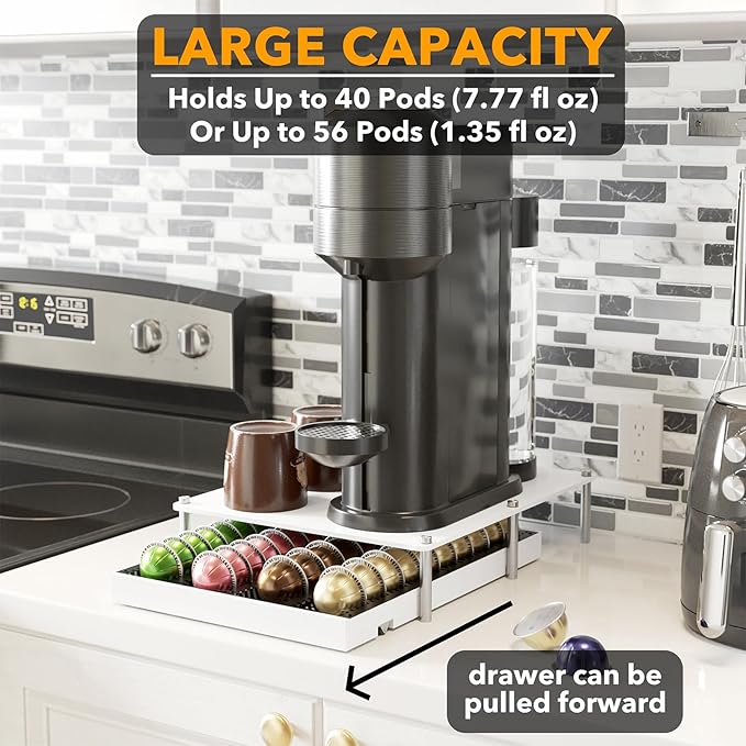 SpaceAid Bamboo Coffee Pod Holder Drawer Storage Compatible with Nespresso Vertuo Capsules, Coffee Station Accessories Holder Organizer Tray Compatible with 40 Big or 56 Small Pods, White