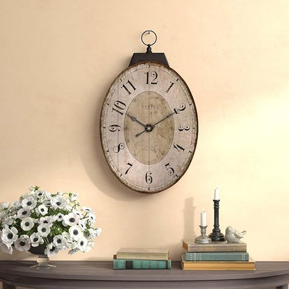 MODE HOME Large French Country Oval Wall Clock for Living Room Decor, 18 x 29 Inch Rustic Farmhouse Wall Clock Decorative, Solid Wood Frame with Iron Hanging Ring, Silent Non-Ticking Battery Operated