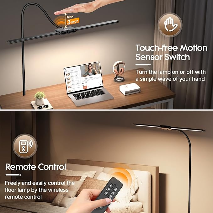 Syrinx LED Floor Lamp, 14W 2000LM Bright Floor Lamp for Office, Gesture & Remote Control, Dual Head Goose-Neck Standing Lamp, Dimmable Brightness & Color Temp, Eye Caring Reading Light for Living Room