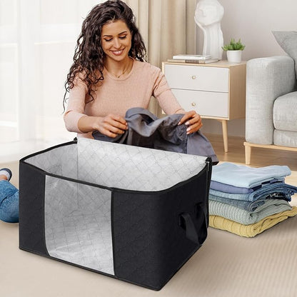 Fab totes Storage Bags,Clothes Blanket Storage Bins Foldable Closet Organizers with Reinforced Handle for Home Dorm Storage and Organization,Fabric Bags for Organizing Sheets,Clothing (Black,4 Pack)