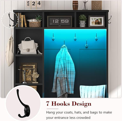 Hall Tree with Bench and Shoe Storage, Farmhouse Entryway Bench with Coat Racks and Led Lights, Black Tall Hall Tree with 7 Coat Hooks, 6 Storage Cubbies, Adjustable Shelf