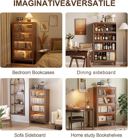Solid Wood Bookcase 4 Tier Bookshelves with Tempered Glass Flip-Up Doors 60Hx12.5Dx32W" Brown Finish Cube Storage Organizer, Bookshelf Versatile Pantry Cabinet with Storage for Kitchen Home Office