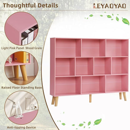 LEYAOYAO 10 Cube Bookshelf, 3 Tier Vintage 55" Wide Bookcase with Legs, Mid-Century Wood Bookshelves Storage, Light Pink Large Book Case, Freestanding Organizer Display Shelf for Living Room, Office