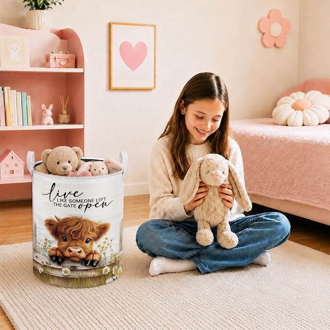 Rustic Daisy Highland Cow Laundry Basket, Highland Cow Lover Gifts Laundry Hamper Waterproof Collapsible Clothes Toys Storage Bin Organizer for Girls Nursery Room Bathroom Home