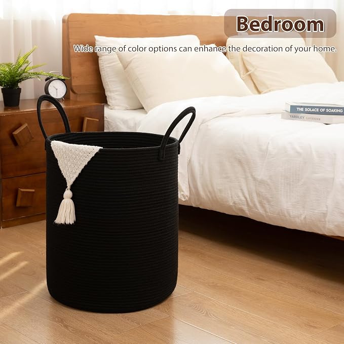 OIAHOMY Large Laundry Basket Hamper - 100L Cotton Rope Woven Basket for Blankets, Toys, Clothes - Tall Decorative Nursery Hamper with Long Handles, Black