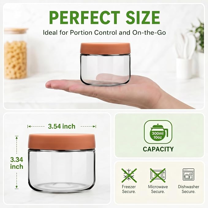 EONJOE 10 oz Glass Jars with Lids Meal Prep Portion Control Containers Pudding Yogurt Overnight Oats Salad Snack Cereal Candy Food Storage Cups Bowls Airtight