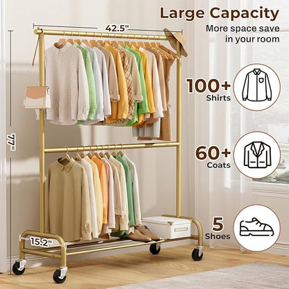 MISSLO Heavy Duty Clothes Rack for Hanging Clothes Rolling Clothing Rack Heavy Duty on Wheels for Coat, Garment, Gold(Double Rod)