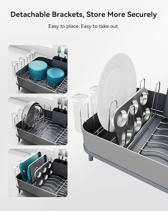 SUNLY Expandable Dish Drying Rack, Versatile Brackets for Pots & Pans, Space Saving Kitchen Drying Rack, Dish Racks for Kitchen Counter, Stainless Steel Dish Drainers with Extendable Spout, Gray