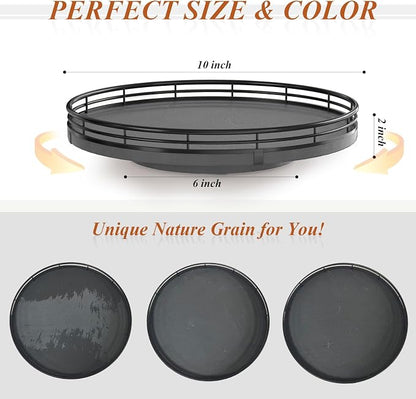 Nature Slate Lazy Susan Turntable for Table Top – 10” Round Slate Tray Organizer for Dining Table, Kitchen Countertop & Bar, Luxury Stone Serving Tray with Black Raised Iron Rim