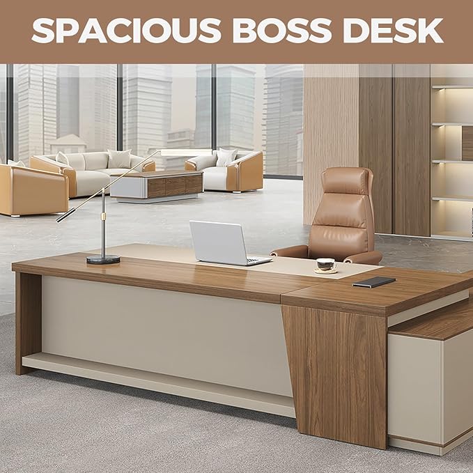 79" L Shaped Executive Desk with Lockable Drawers & Cabinet, Large Modern Executive Office Desk with Cable Management Box, Privacy Panel for Home Office (Champagne Wood Grain + Beige, Left)