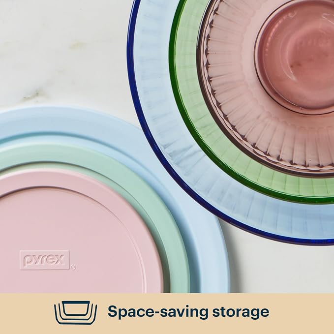 Pyrex Colors (3-Pack, Full Set) Sculpted Tinted Glass Mixing Bowls With Plastic Lids, Nesting Space Saving Set of Bowls For Prepping and Baking, 1.3QT, 2.3QT & 4.5Q, (Pink, Green, Blue)