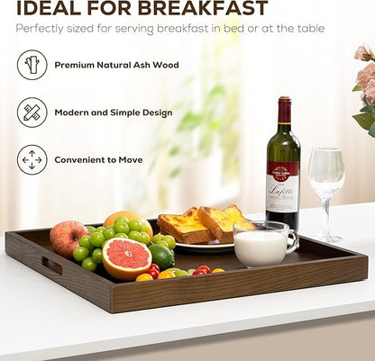 Axeman 22 Inch Large Square Wooden Ottoman Tray for Living Room|Extra Large Serving Tray with Handles for Coffee Table, Breakfast|Decorative Wood Tray for Ottoman Couch Sofa Kitchen|Walnut