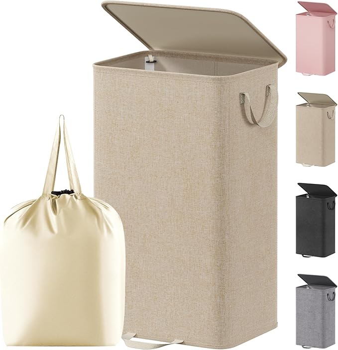 Lifewit Laundry Hamper with Lid and Removable Laundry Bag, Large Collapsible 1 Divider Dirty Clothes Basket with Handles for Bedroom, Laundry Room, Closet, Bathroom, College, 100L Beige