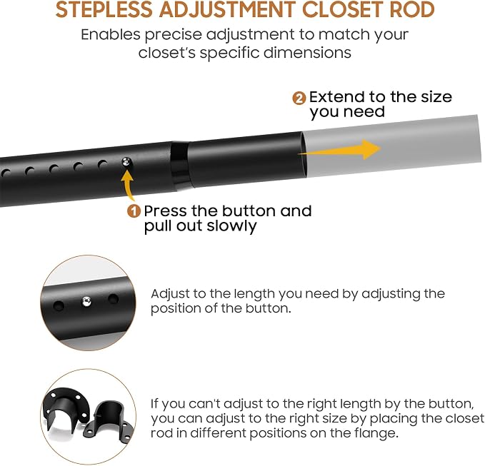 Adjustable Closet Rod, 16 to 72 Inche Closet Rods for Hanging Clothes, Heavy Duty 1.3 Inch Closet Hanging Rod for Closet Wardrobes Laundry RVs