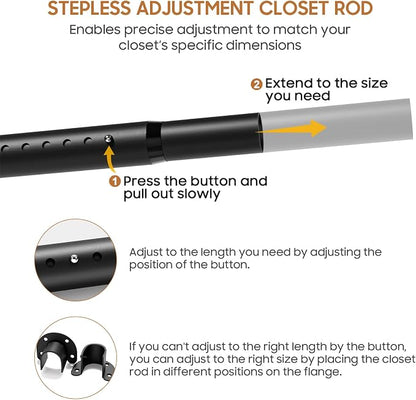 Adjustable Closet Rod, 16 to 72 Inche Closet Rods for Hanging Clothes, Heavy Duty 1.3 Inch Closet Hanging Rod for Closet Wardrobes Laundry RVs