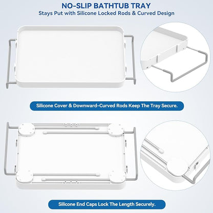 Bathtub Tray for Large Soaking Tub Table Tray Expandable Tub Shelf for Bathtub Caddy Bath Shelf Over Tub Luxury Bath Board Book Holder with Removable 2 Cup Holder Phone Metal Shower Caddy Basket White