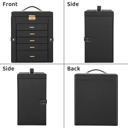 AKOZLIN Large 6-Tier Jewelry Box Lockable Leather Jewelry Storage Case with 5 Drawers for Women Girls Ring Necklace Earring Bracelet Holder Organizer with Mirror