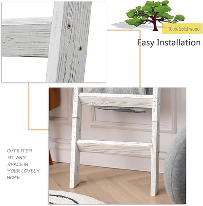 FUIN 5ft Wood Blanket Ladder Living Room Decorative Wall Leaning Farmhouse Quilt Display Holder Storage Wooden Towel Rack for Bathroom, Rustic White