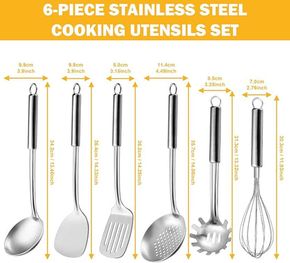Gymdin 6-Piece Kitchen Cooking Utensils Set, Stainless Steel Kitchen Utensils with Suspendable Handle, Spatula, Slotted Turner, Soup Ladle, Slotted Spoon, Whisk, Pasta Server, Dishwasher Safe