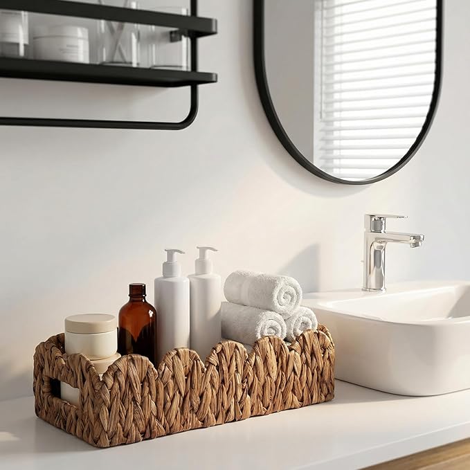 3 Pack Water Hyacinth Toilet Paper Basket for Organizing Scalloped Edge Wicker Basket with Handles Toilet Tank Paper Holder Storage for Bathroom Bedroom Countertop Shelf Decor(Brown)