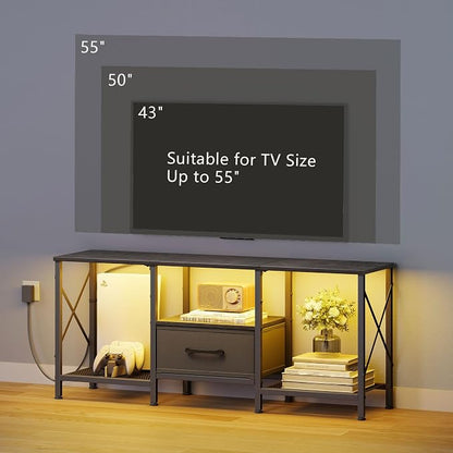 JARHETUN LED TV Stand with Fabric Drawer, Entertainment Center for 50 55 Inch TV, Industrial TV Console Table with Open Storage Shelves for Living Room, Bedroom, Black