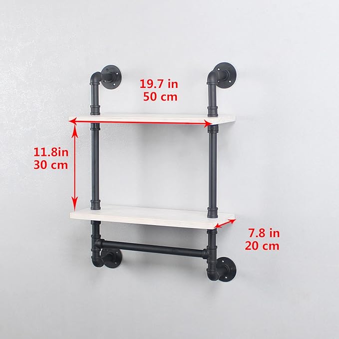 Bathroom Shelves,19.6in Rustic Wood Shelf with Towel Bar,2 Tier Farmhouse Towel Rack Over Toilet,Pipe Shelving Floating Shelves Towel Holder,Black & White
