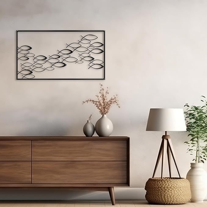 SIGNLEADER Metal Wall Decor Fish School Minimalist Modern Abstract Wall Sculpture Hangings Home Decoration for Living Room, Bedroom, Bathroom, Kitchen, Outdoor - 36" Black