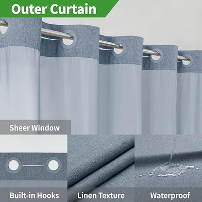 No Hooks Needed Linen Textured Shower Curtain with Snap-in Fabric Liner Set,Blue Grey Hotel Luxury Decor Shower Curtains for Bathroom with Mesh Top Window,Waterproof & Washable,71Wx74H
