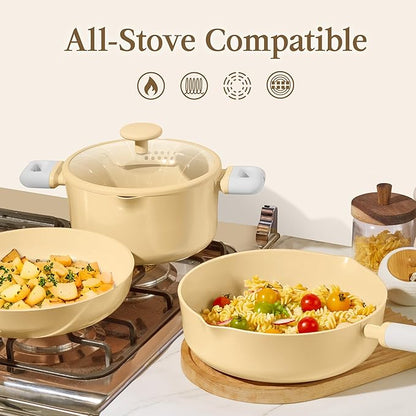 CAROTE Pots and Pans Set Nonstick, Ceramic Cookware Set, Yellow Cooking Set Kitchen Induction Set with Steamer, PFAS PTFE Free,9 Piece