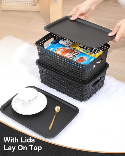 AREYZIN Storage Bins Plastic Storage Baskets With Lid Small Baskets for Organizing Stackable Storage Container Organizer Bins for Shelves Drawers Desktop Playroom Classroom Office, 6 Pack,Black