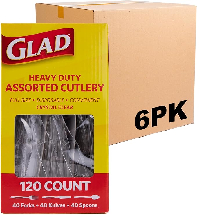 Glad Plastic Heavy Duty Clear Cutlery, Mixed Forks, Knives, and Spoons - Set of Disposable Party Utensils, Sturdy Cutlery for Everyday Use, 120 Count - 6 Pack