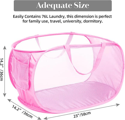 Durable Collapsible Laundry Baskets, Mesh Pop Up Laundry Hamper with Side Pocket, Foldable Clothes Hamper with Reinforced Carry Handles for Laundry, Bathroom, Kids Room, Dorm or Travel 2 Pack Pink