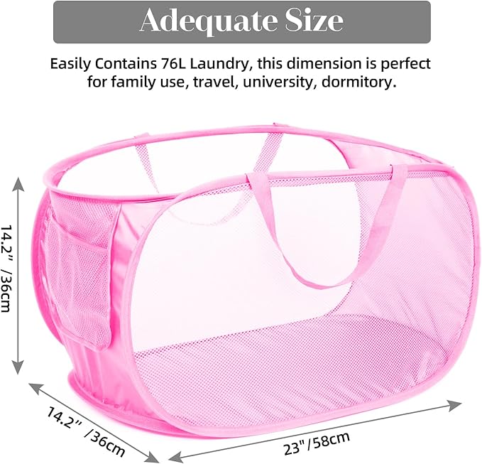 4 Pcs Durable Collapsible Laundry Baskets, Foldable Large Opening Pop Up Laundry Hamper with Pocket, Clothes Hamper with Handles for Laundry, Bathroom, Kids Room, Dorm or Travel Pink